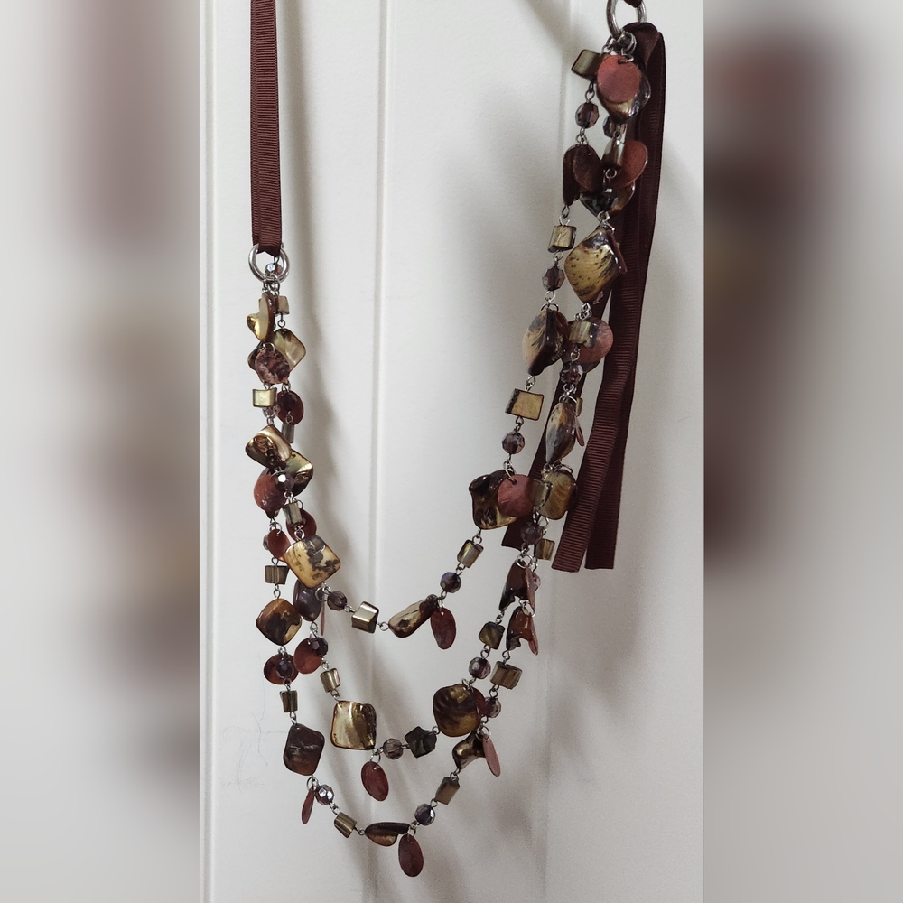 Brown Beaded Ribbon, Beads, & ShellsNecklace
